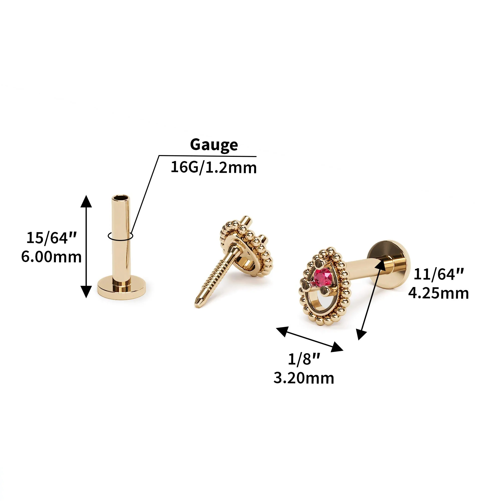 14K Gold Ruby Tear Drop Beaded Stud
