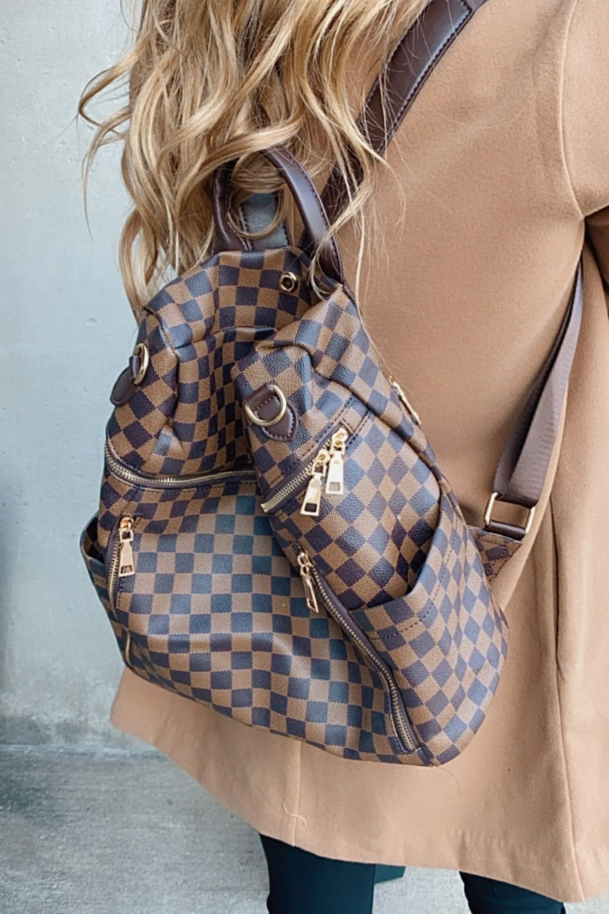 Timeless Style Plaid Zip Up Backpack & Wristlet : Brown