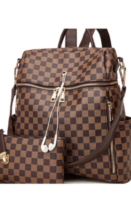 Timeless Style Plaid Zip Up Backpack & Wristlet : Brown